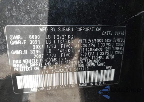 2020 Subaru Ascent Limited z USA, uszkodzony, nr VIN 4S4WMAJD7L3477710